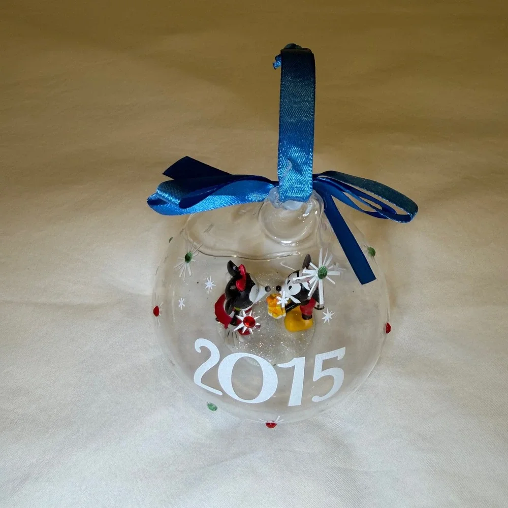 Disney‎ Parks Mickey Minnie Mouse 2015 Glass Bell Christmas Ornament Blue Ribbon